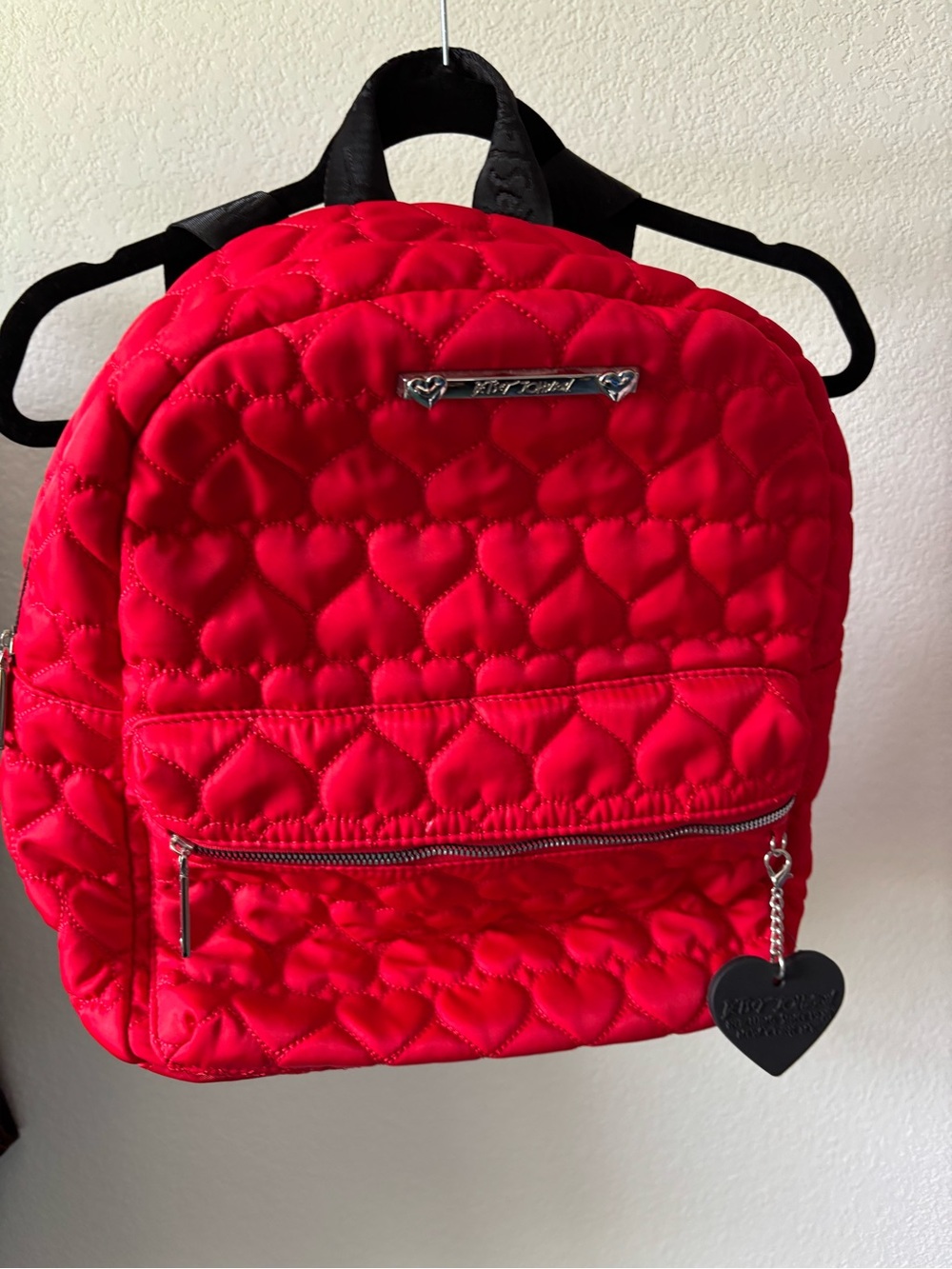 Betsey Johnson Red Quilted Heart Backpack with Heart Charm